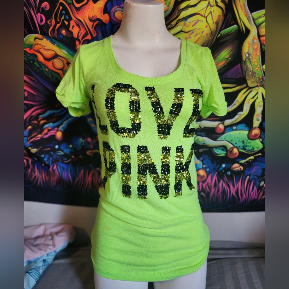 Victorias secret PINK sequin bling neon tshirt size xs AMAZING CONDITON!!